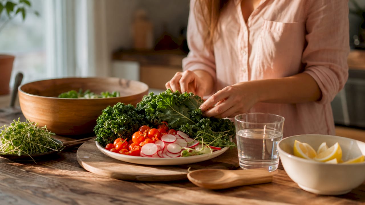 Chopped vegetables and probiotics on kitchen counter
