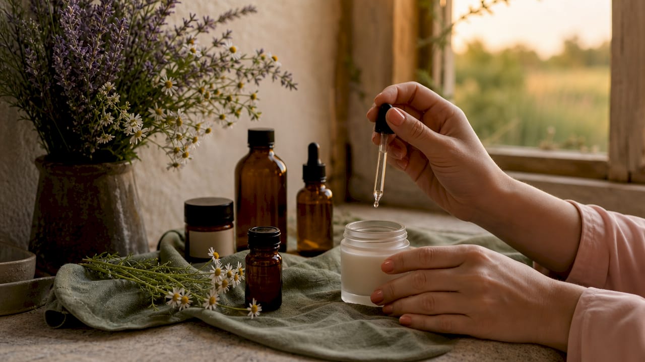 Close-up of gentle calming skincare products and ingredients