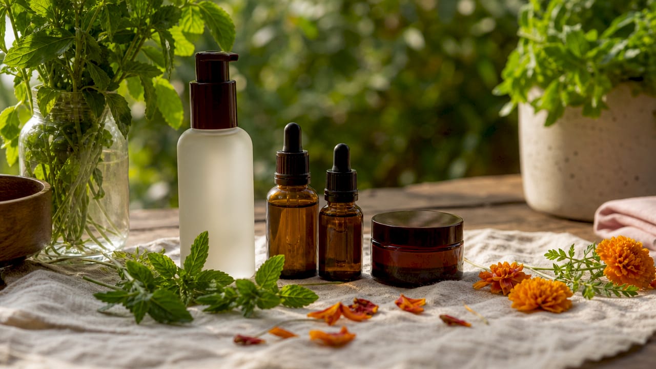 Close-up of slow beauty skincare products with botanicals