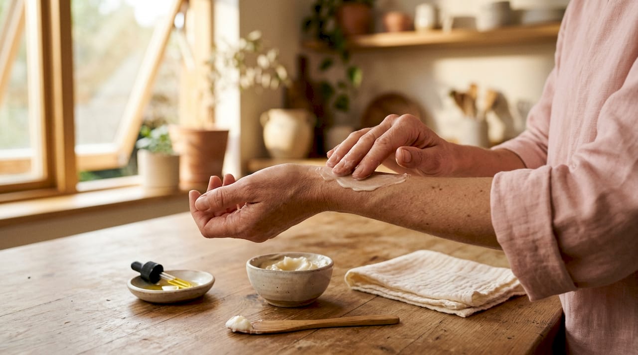 Hands applying creamy moisturizer with natural jars