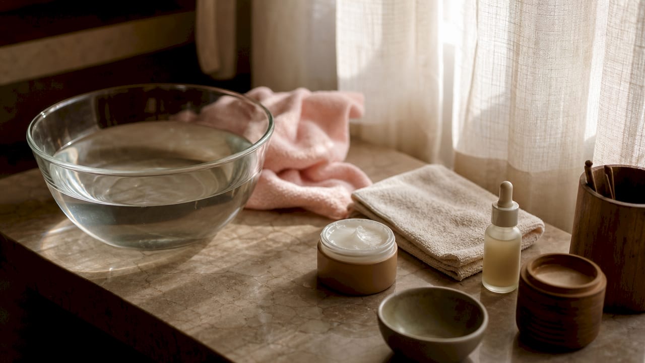 Skincare tools and cleanser on wooden shelf