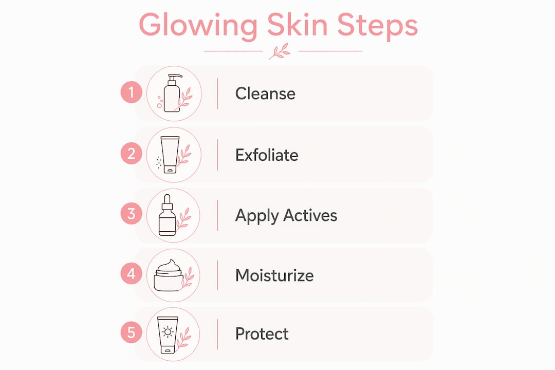 Numbered infographic of 5 skincare steps for glow
