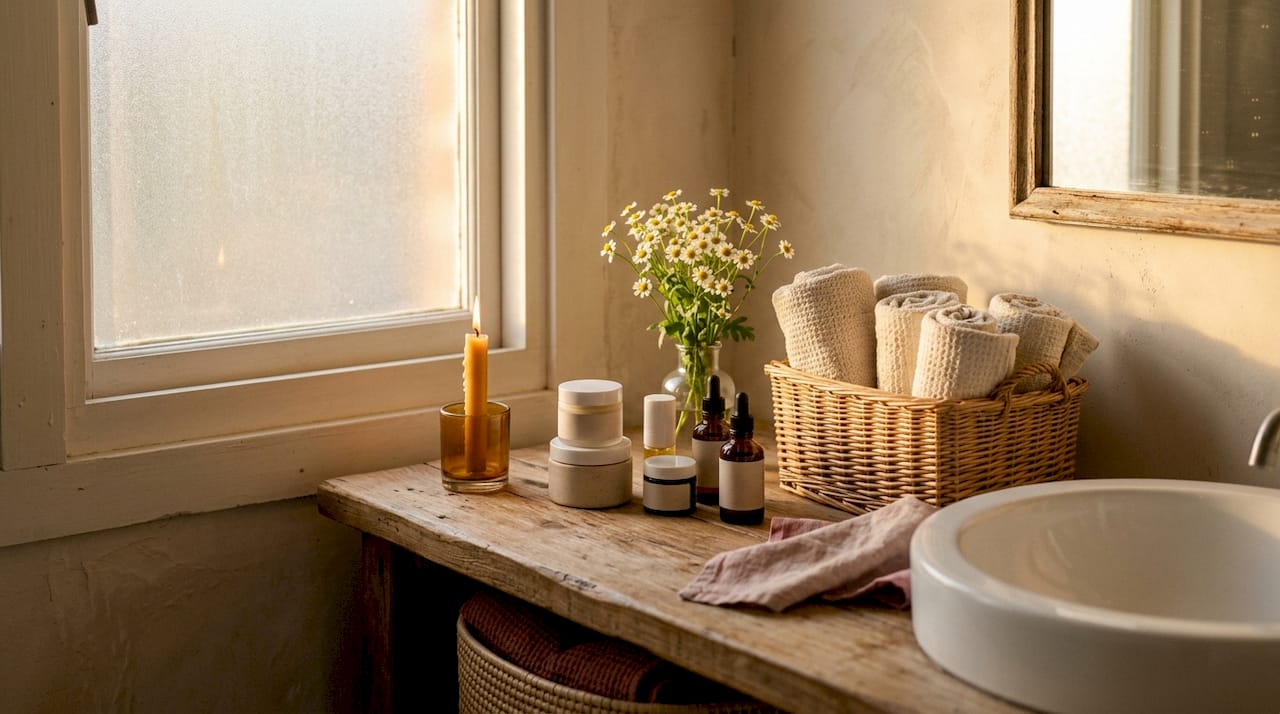 Warm skincare vanity with candle and botanicals