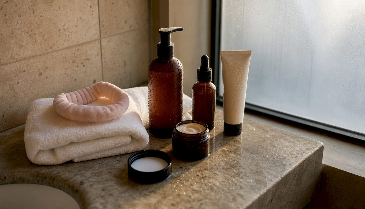Overhead view of daily skincare essentials on shelf