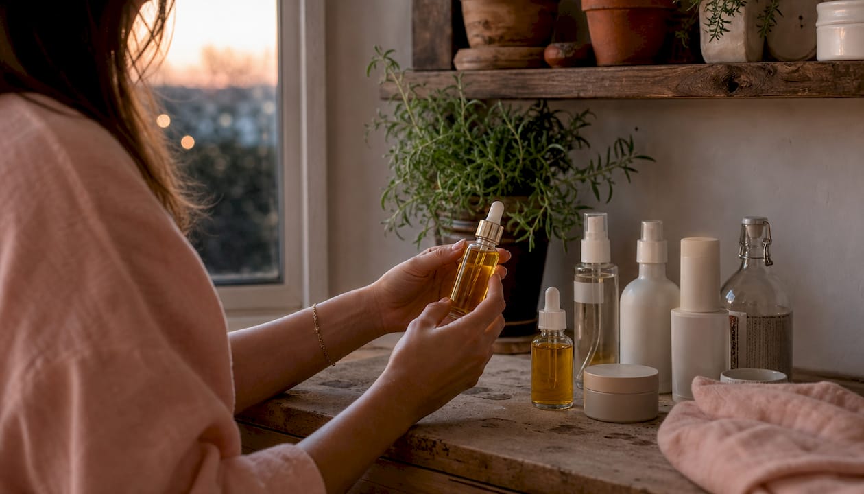 Hands selecting clean skincare products on vanity