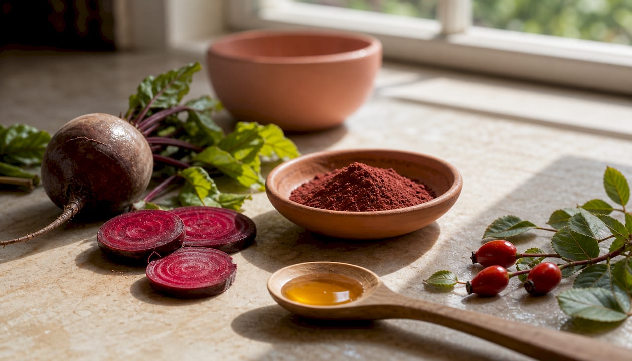 Close-up of natural botanical ingredients for crème blush