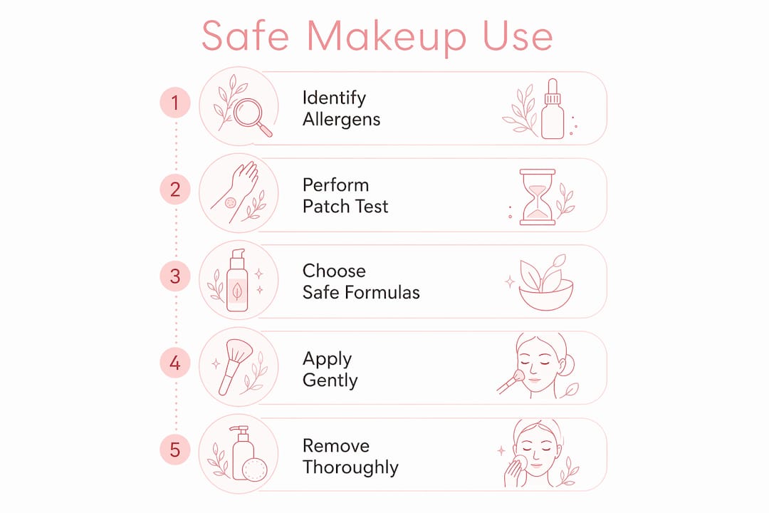 Infographic illustrating steps for safe makeup use with allergies