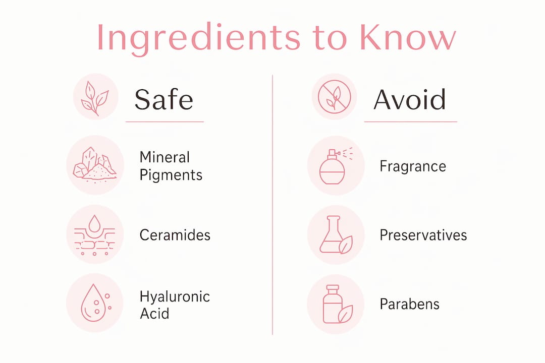 Infographic comparing safe and avoid ingredients for eczema makeup