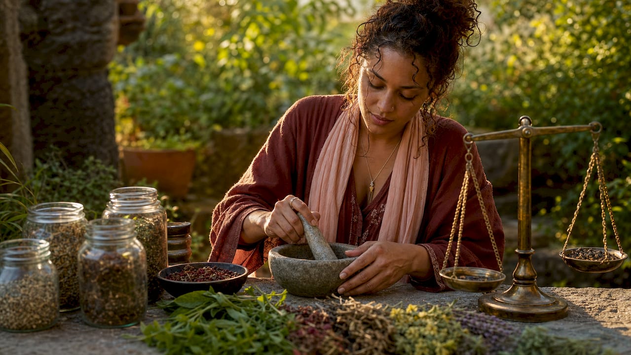 Hands preparing botanical herbs in greenhouse