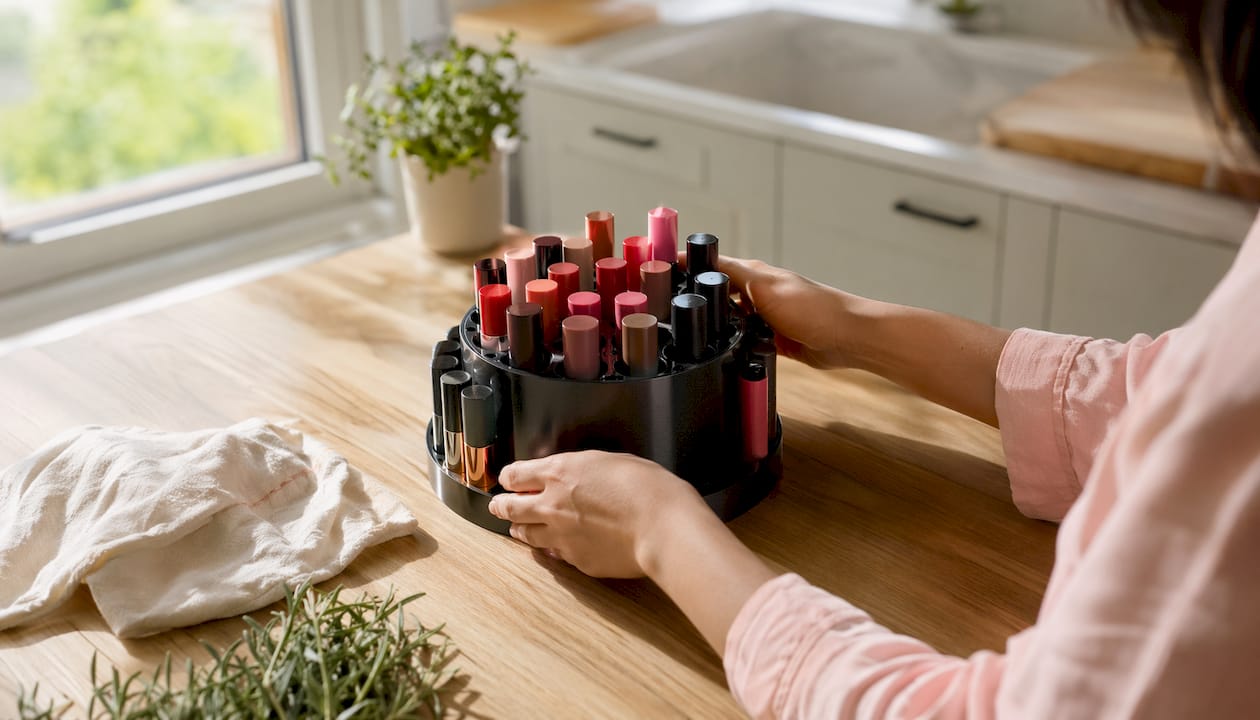Hands rotating lipstick organizer on countertop