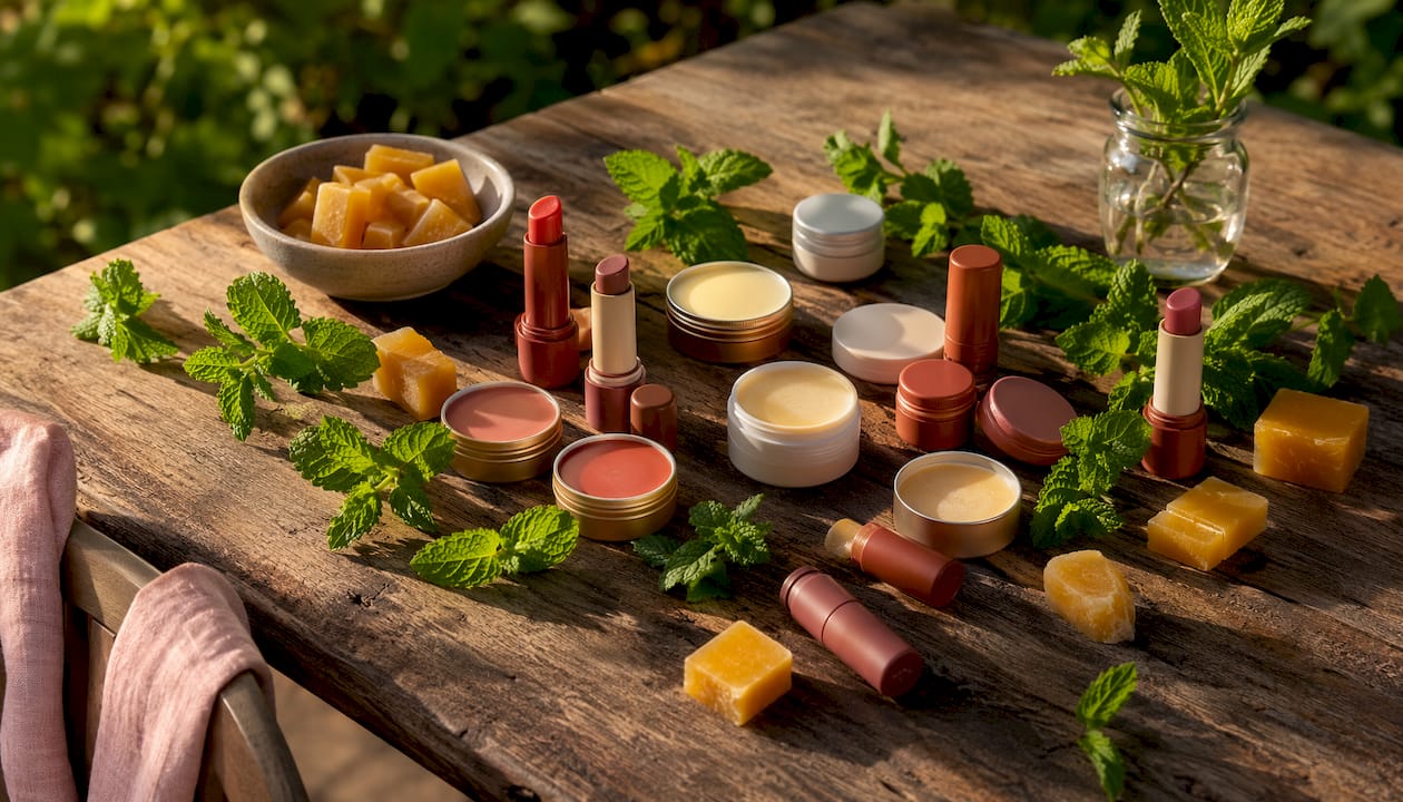 Cosmetic products containing beeswax flat lay