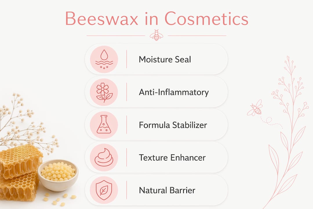 Infographic on beeswax benefits and uses in cosmetics