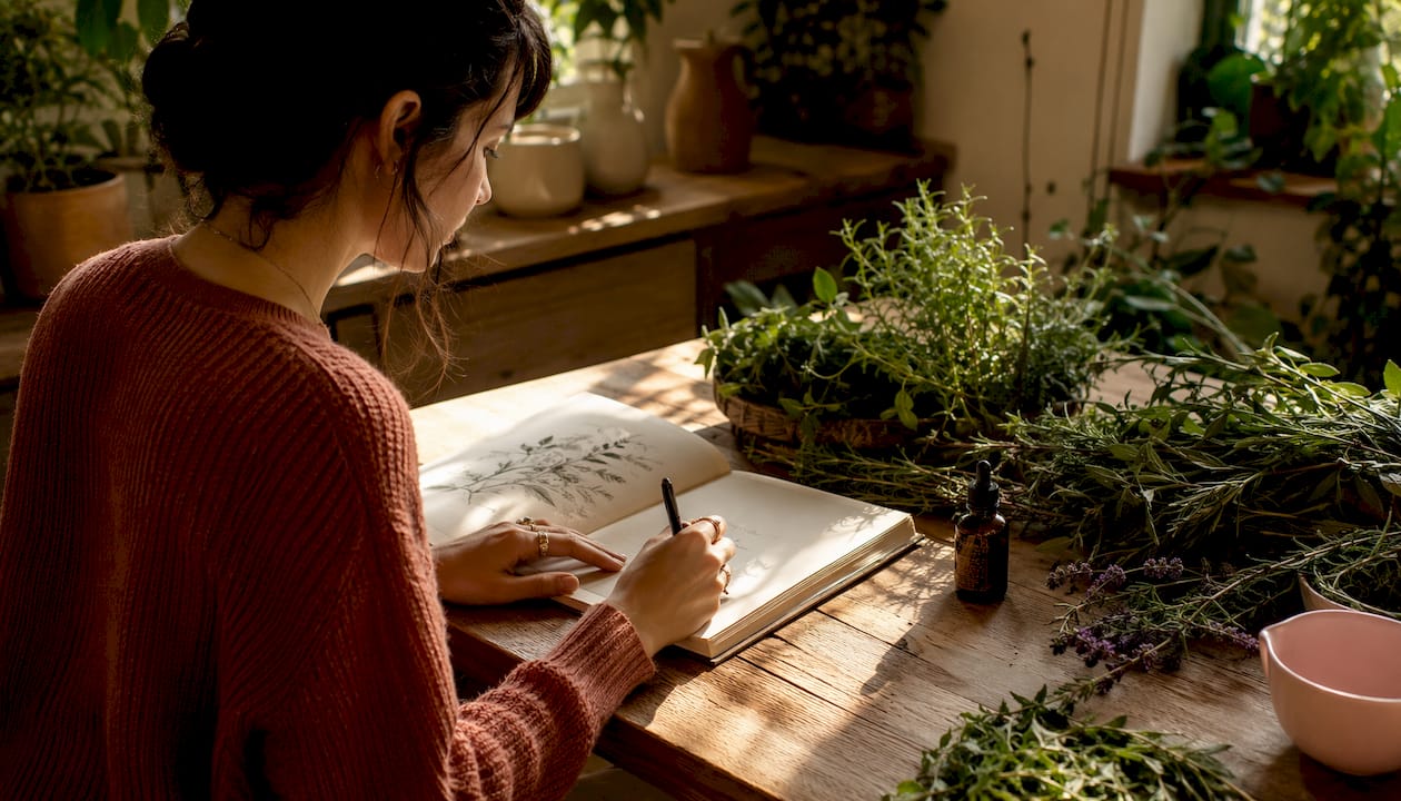 Hands writing in botanical skincare journal at desk