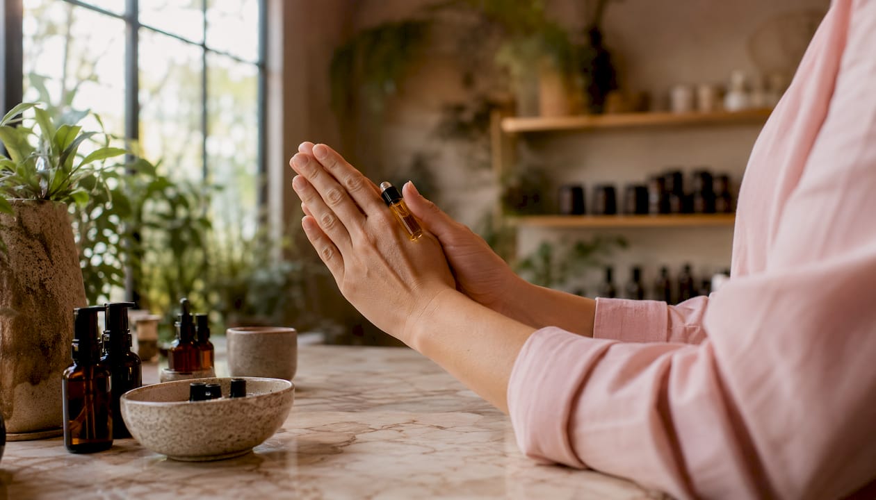Hands warming facial serum on wooden vanity