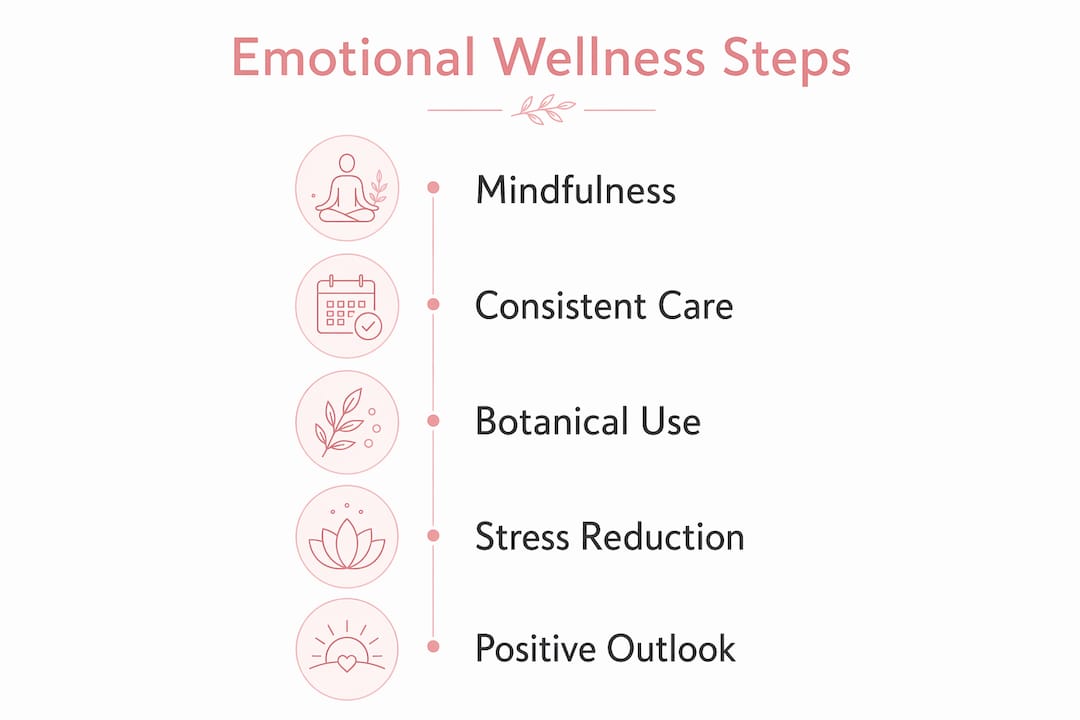 Infographic showing steps for emotional wellness benefiting skin health