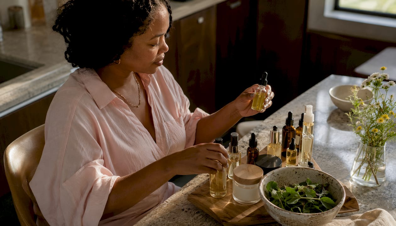 Woman selecting skincare products in bedroom