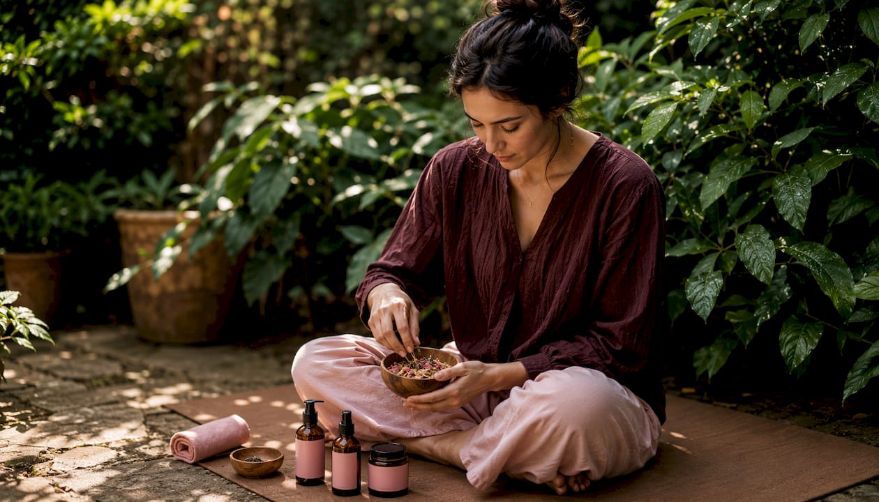 Hands holding chamomile petals and skincare bottles