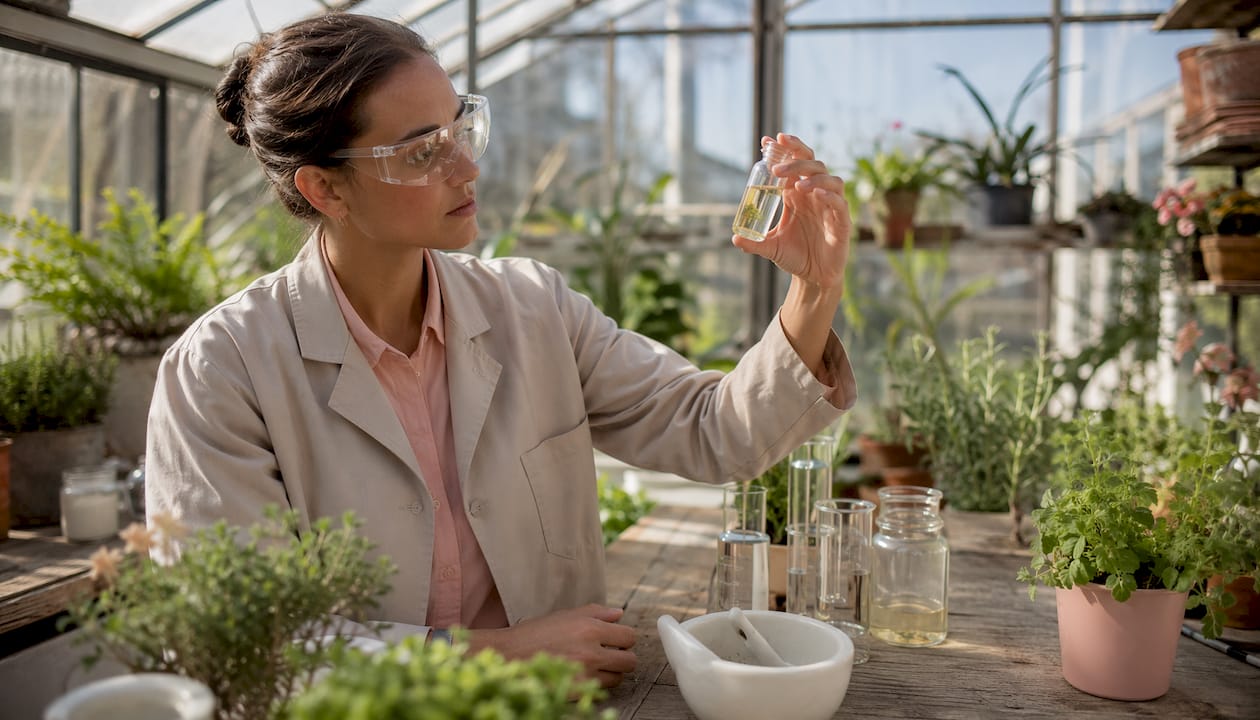 Cosmetic scientist inspecting chamomile extract vial