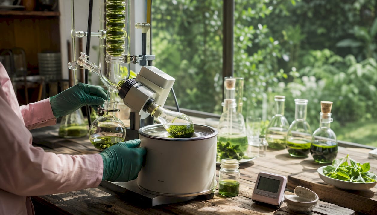 Hands working botanical extraction equipment