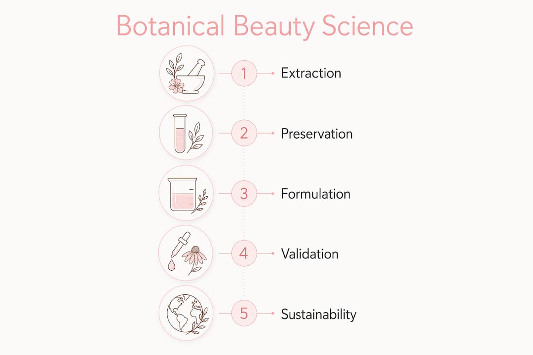 Infographic illustrating botanical beauty science stages