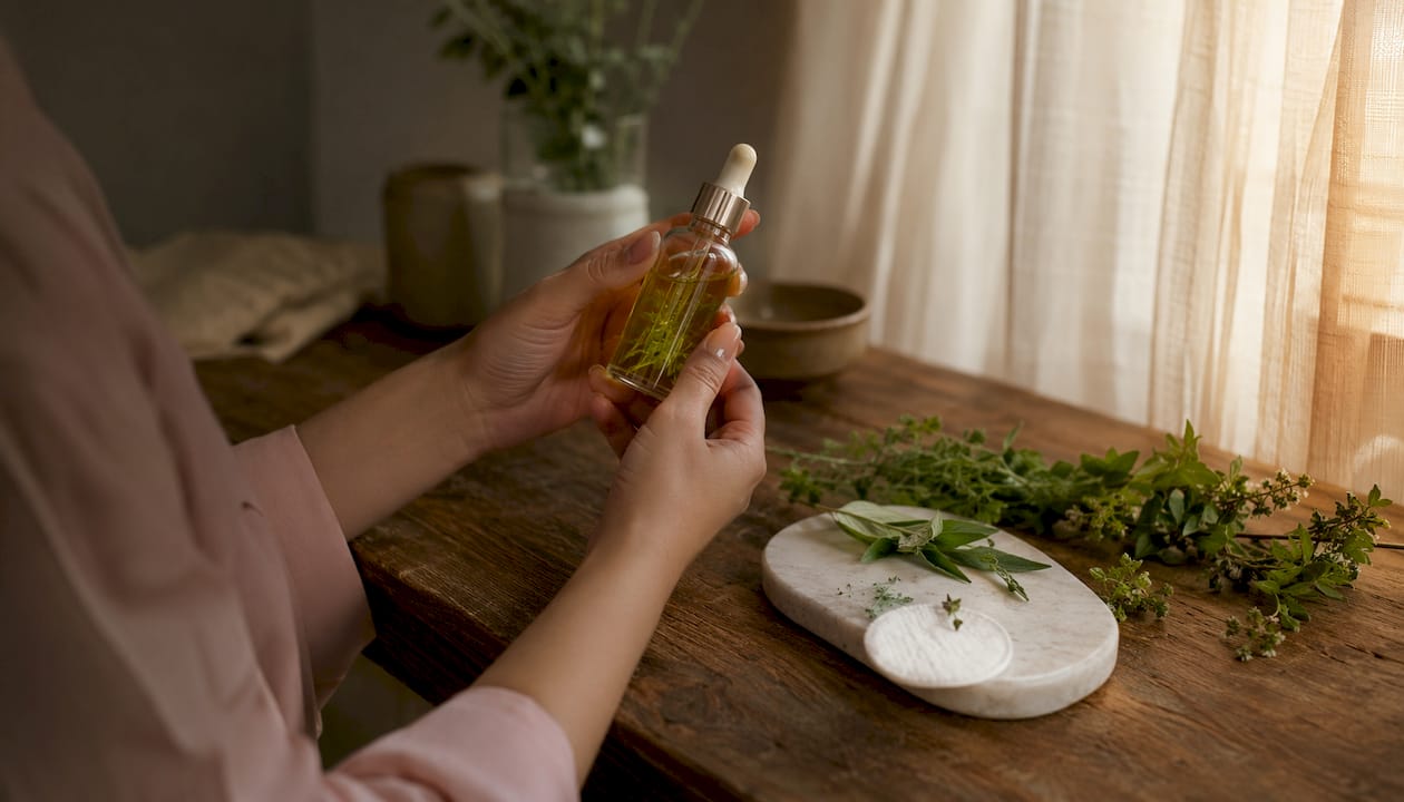 Hands holding botanical serum over marble counter