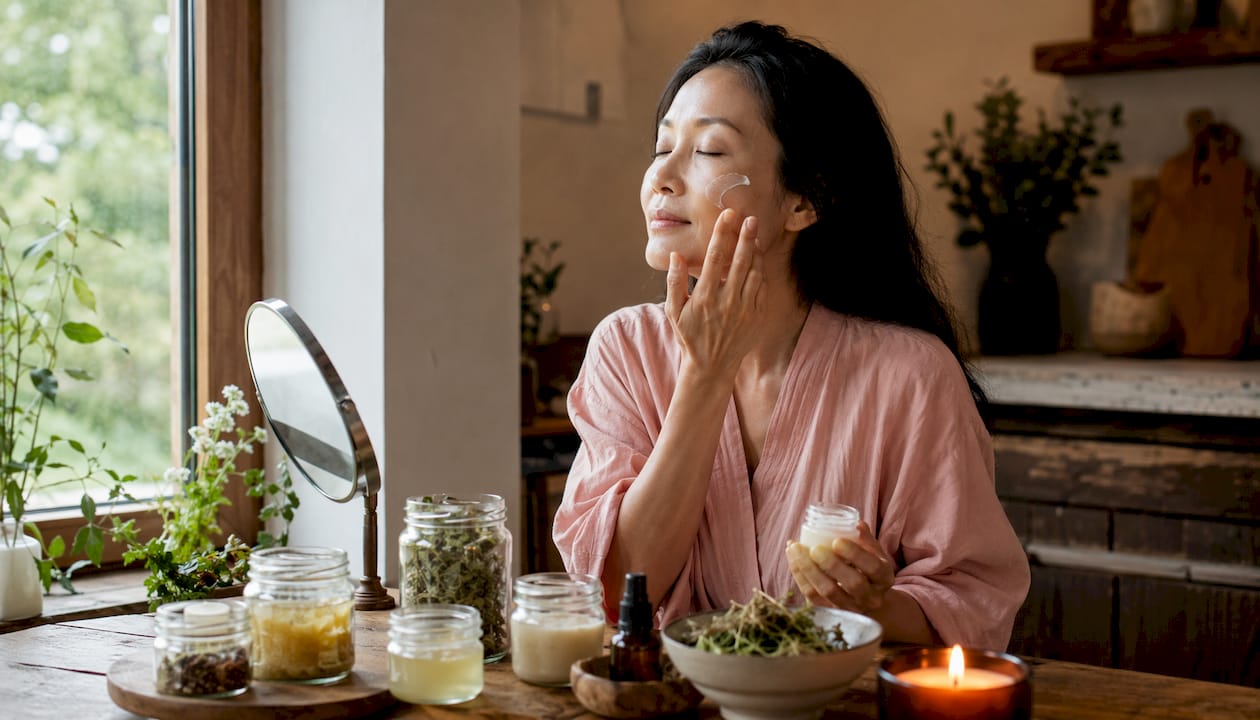 Woman practicing calming facial ritual