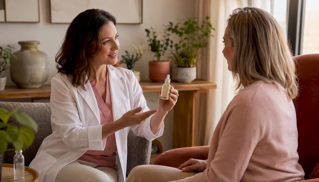 Dermatologist explaining integrative skincare options