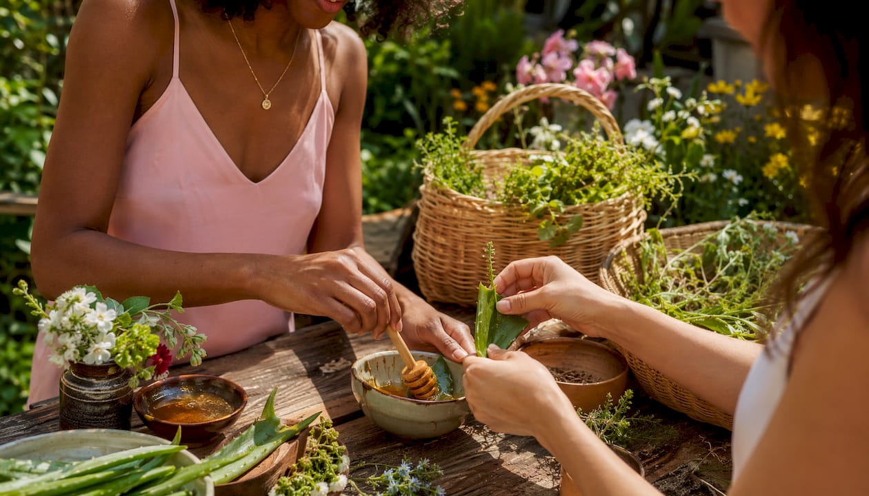 Hands holding natural skincare ingredients together