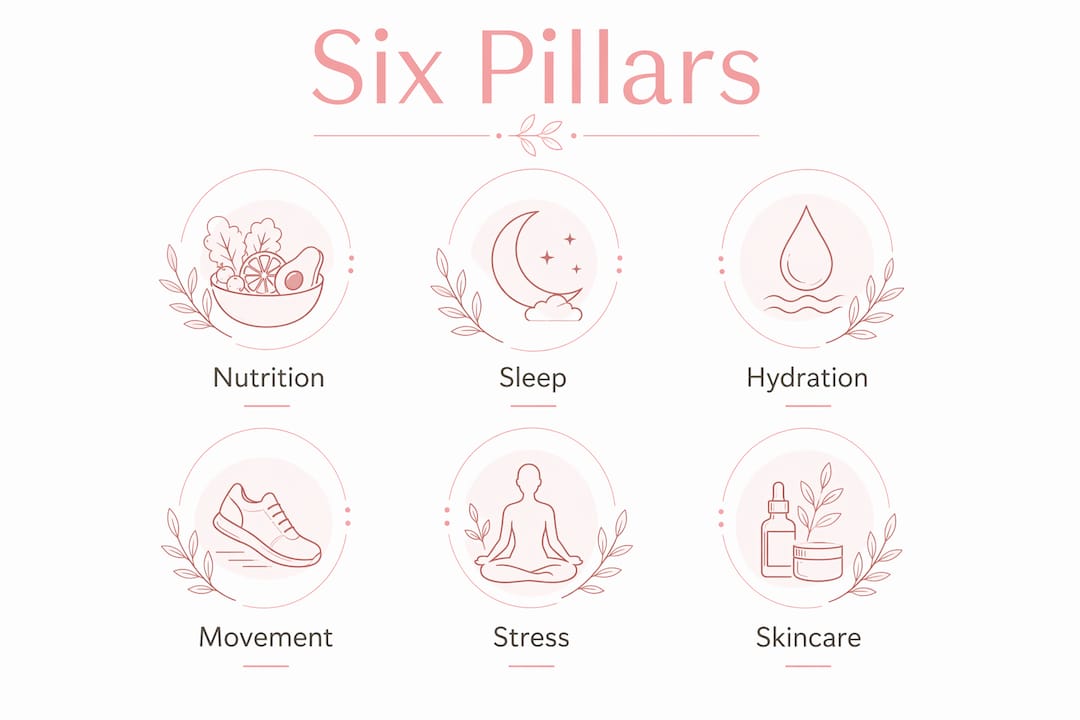 Infographic illustrating six pillars of integrative beauty