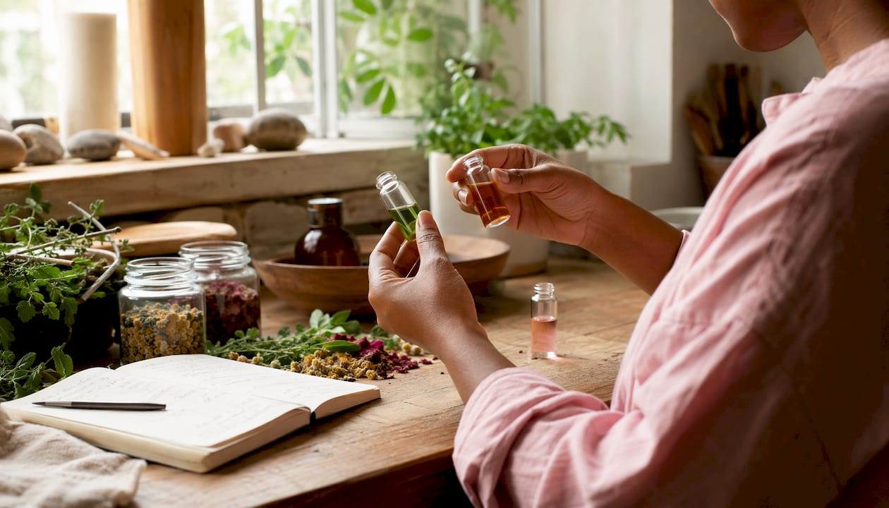Hands testing botanical skincare ingredients in studio