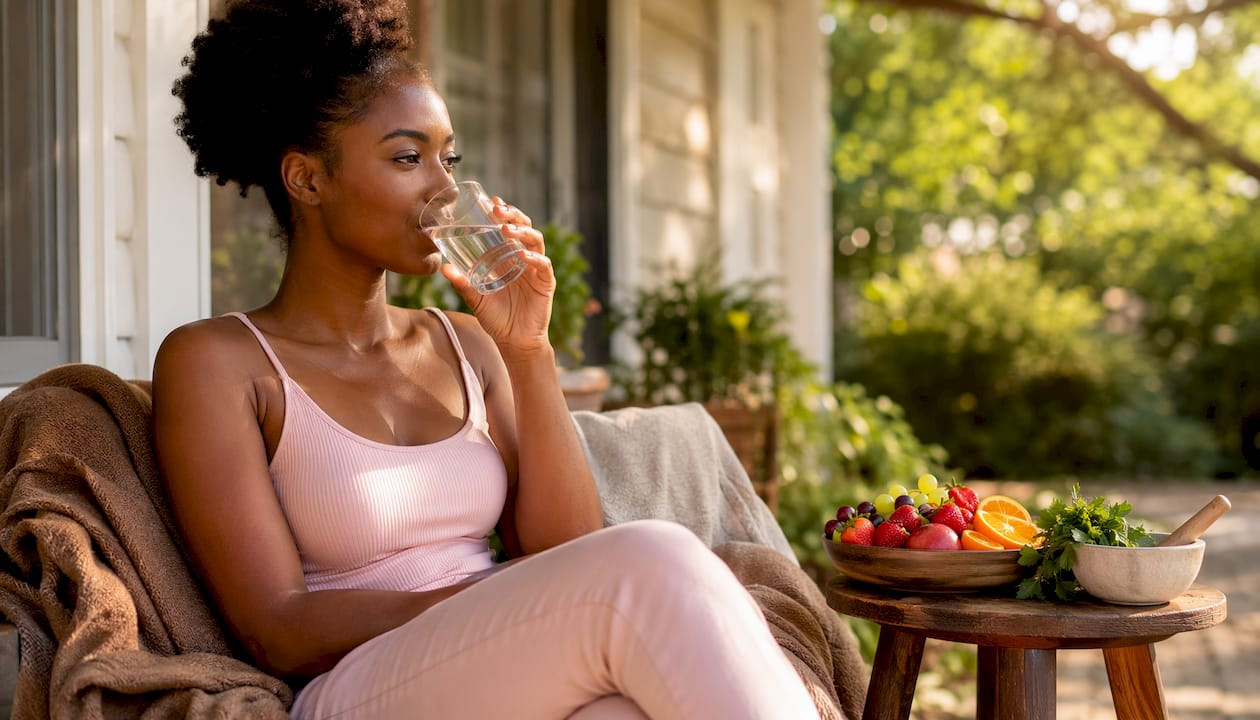 Woman drinking water with fresh fruits in kitchen