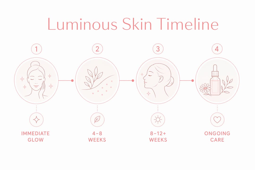 Infographic showing timeline for achieving luminous skin