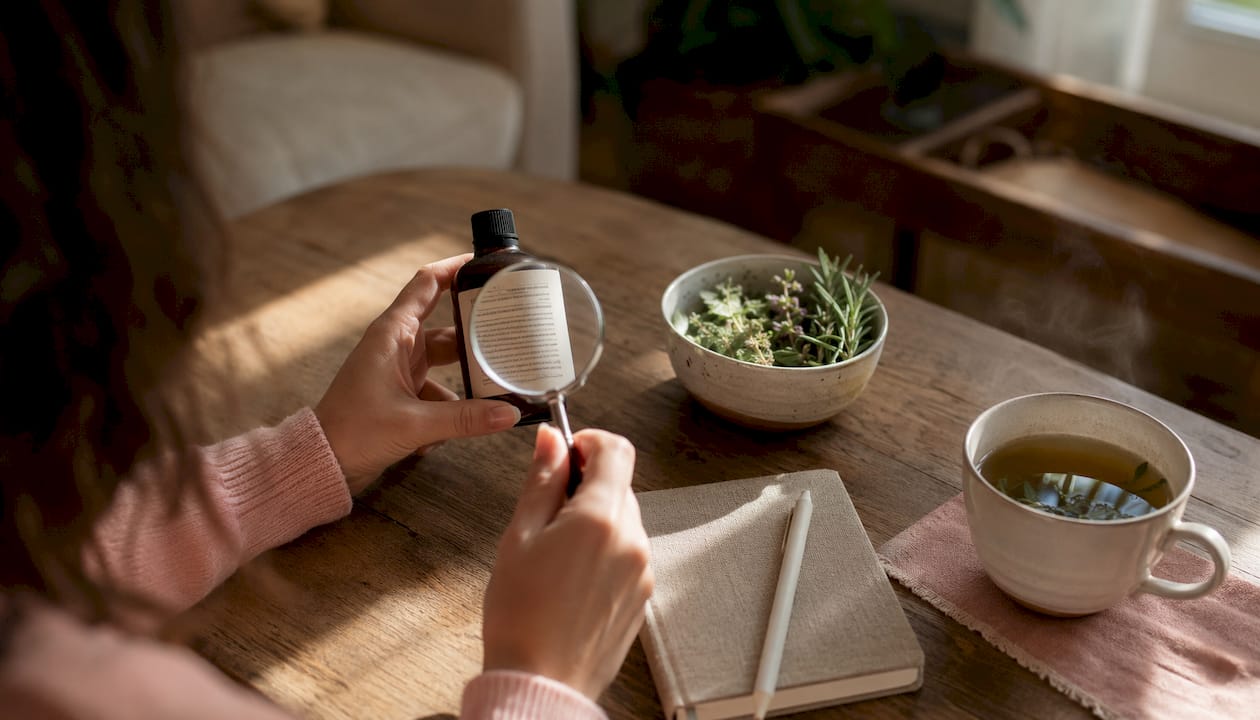 Close-up of skincare label reading with magnifier