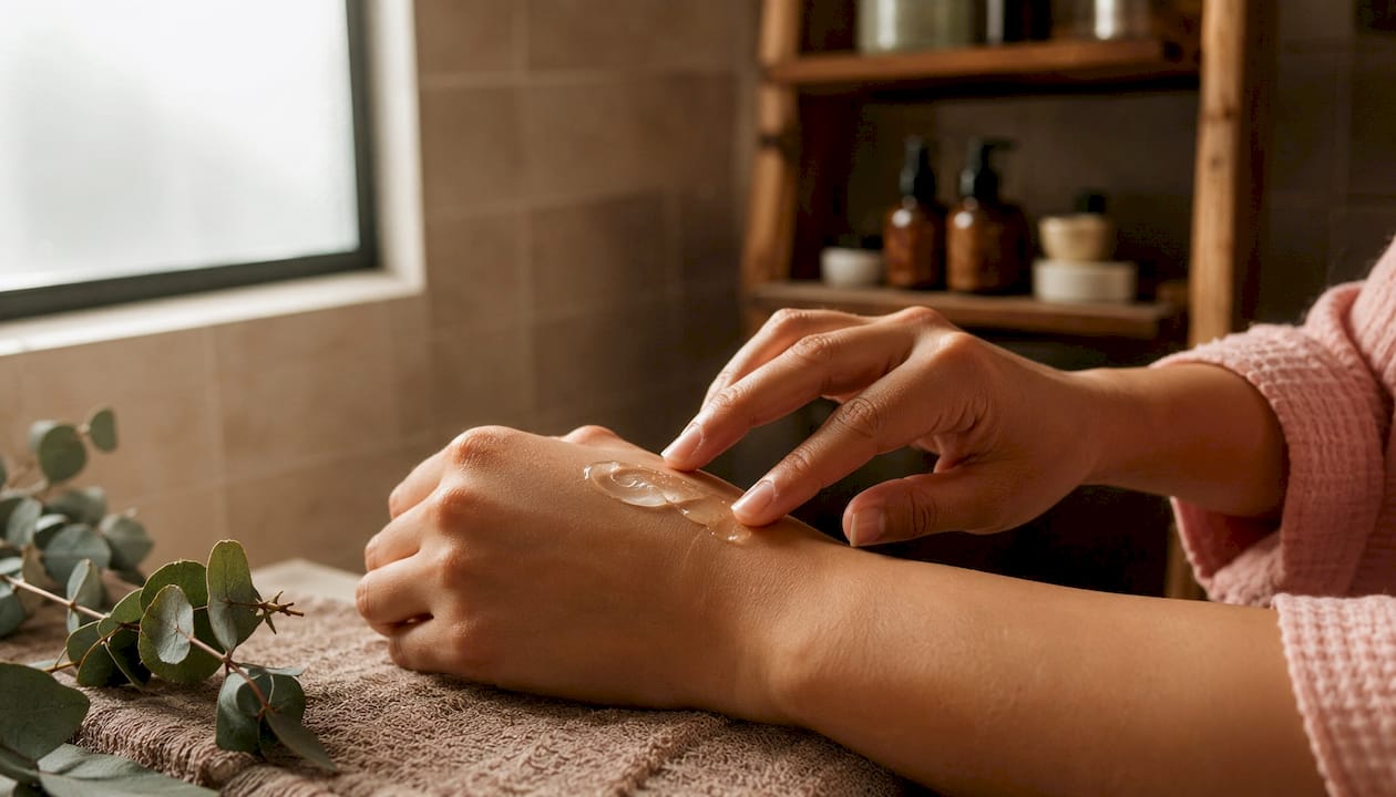 Hands applying hydrating cream on skin