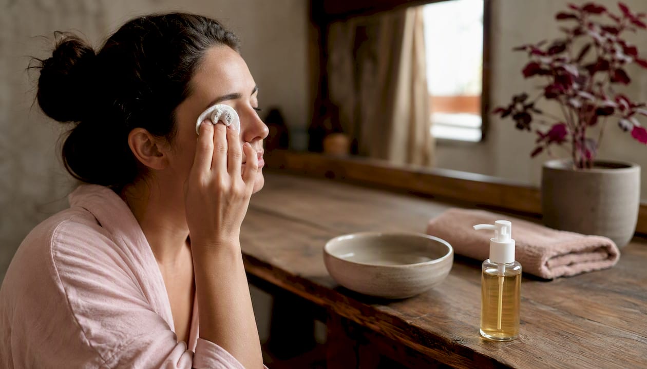 Cotton pad with cleansing oil held over closed eye