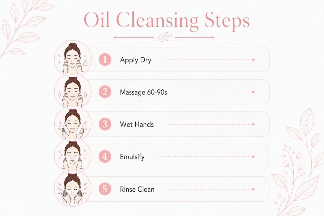 Infographic illustrating cleansing oil application steps
