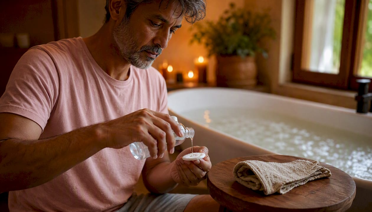 Man removing makeup with micellar water in evening