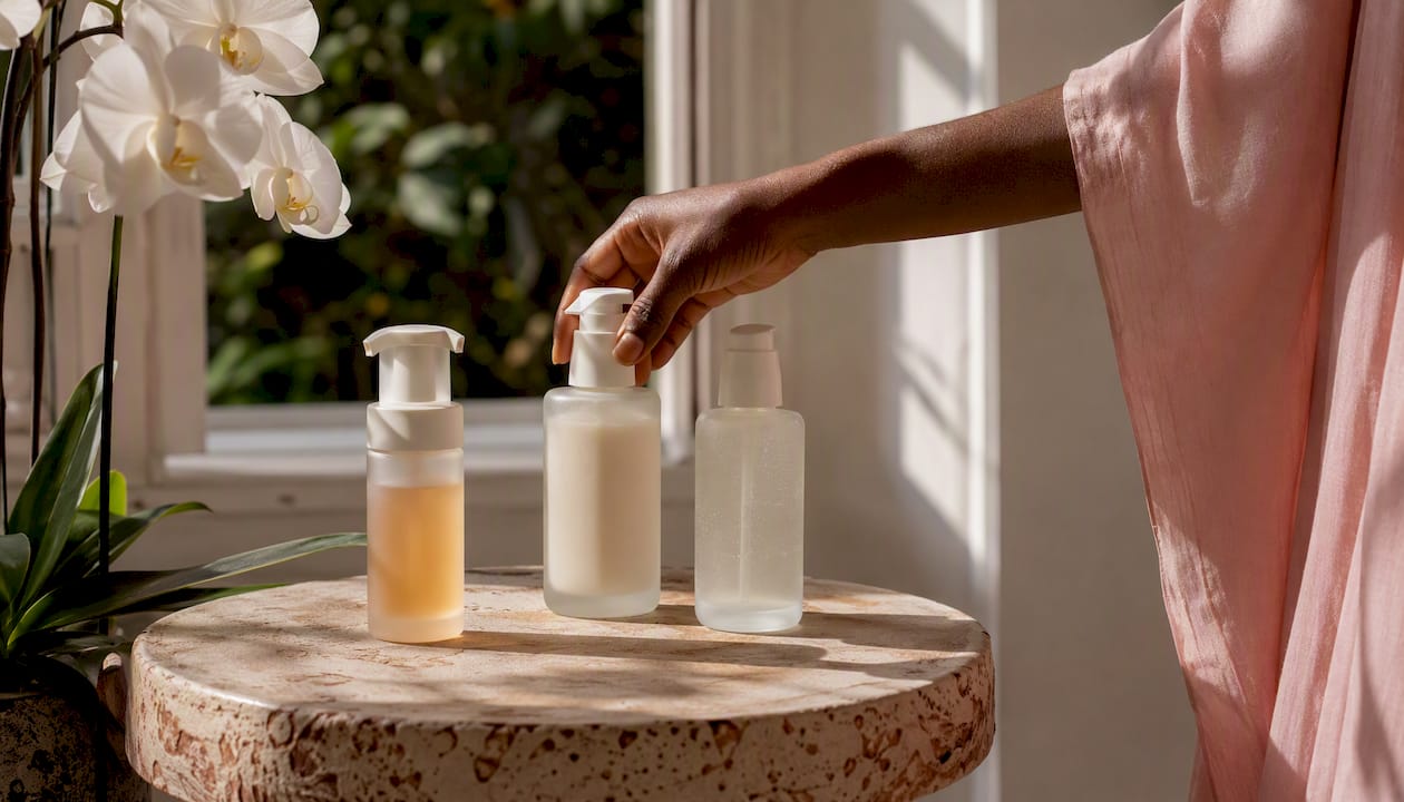 Overhead view of diverse cleanser products and hand