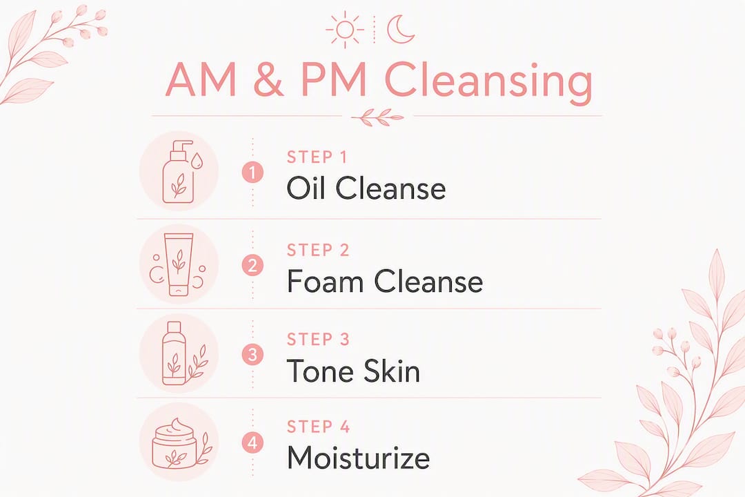 Infographic illustrating AM and PM skin cleansing steps