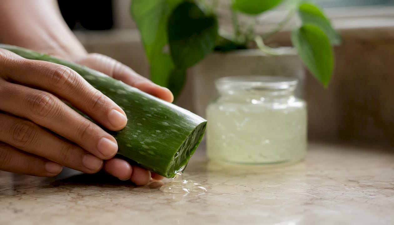 Hands squeezing fresh aloe vera gel from leaf