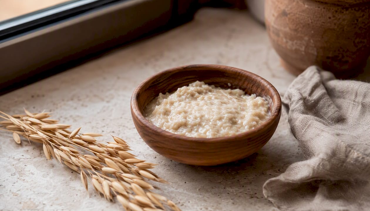 Bowl of colloidal oatmeal paste for gentle exfoliation