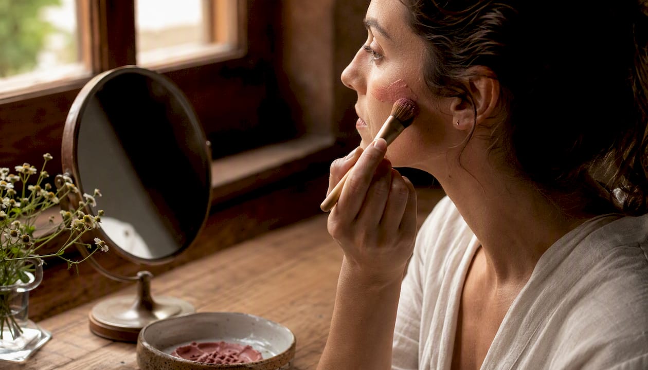 Woman applying cream blush gently