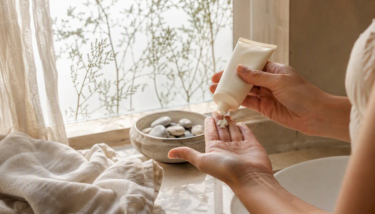 Hands preparing sunscreen application