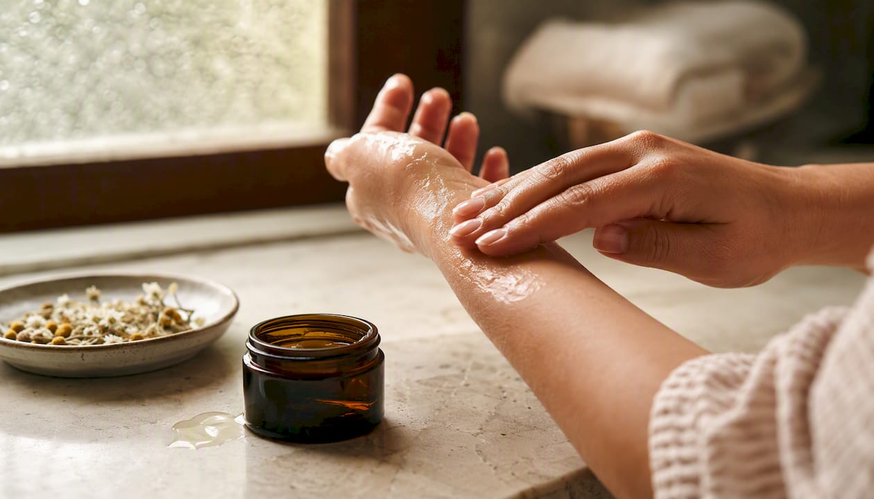 Hands massaging oil cleanser on dry skin