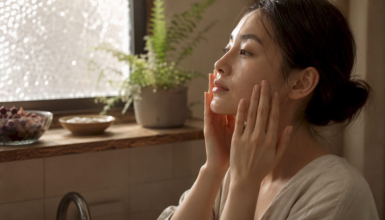 Hands pressing hydrating toner into skin