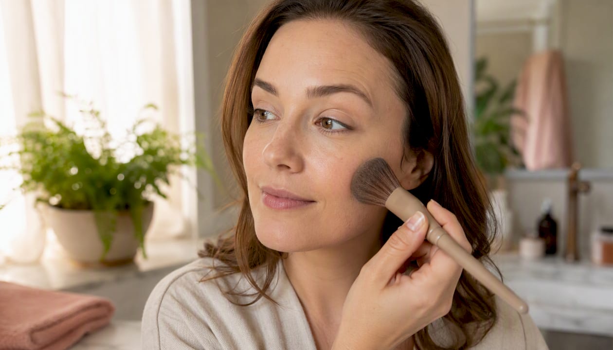 Woman applying natural mineral powder on dry skin
