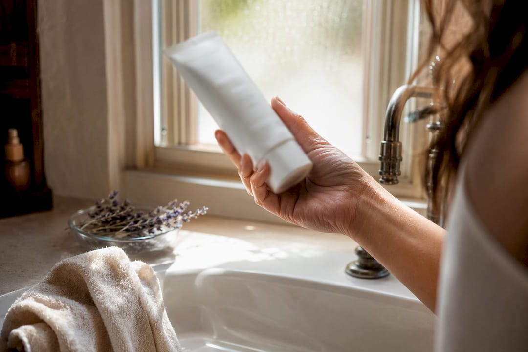 Hand holding sunscreen cream checking expiration