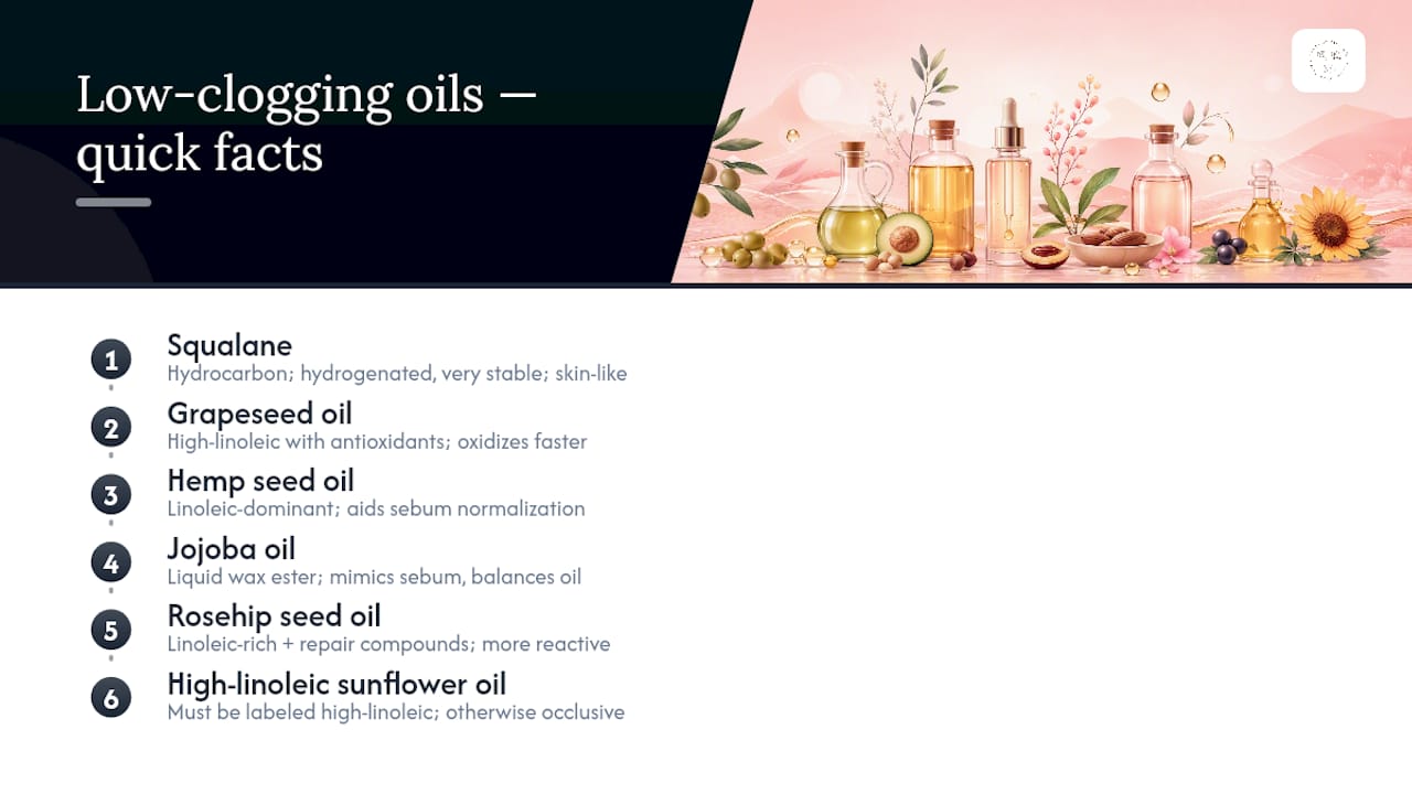 Diagram comparing facial oils by clogging risk factors