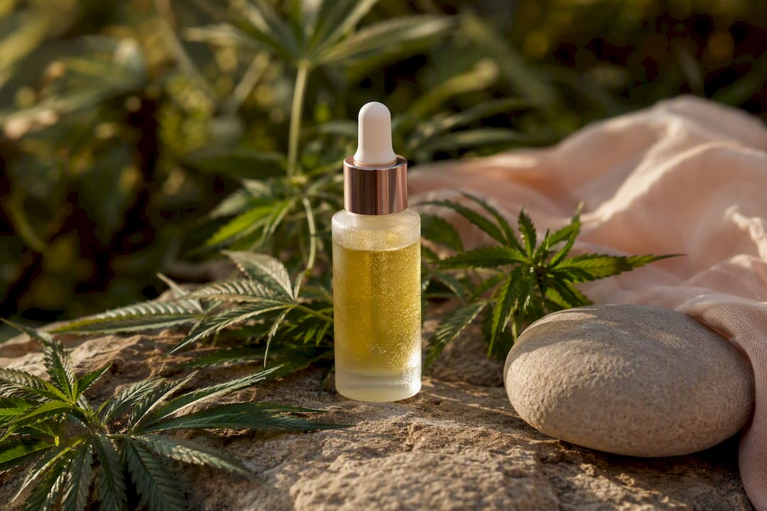 Hemp leaves and amber bottle with oil