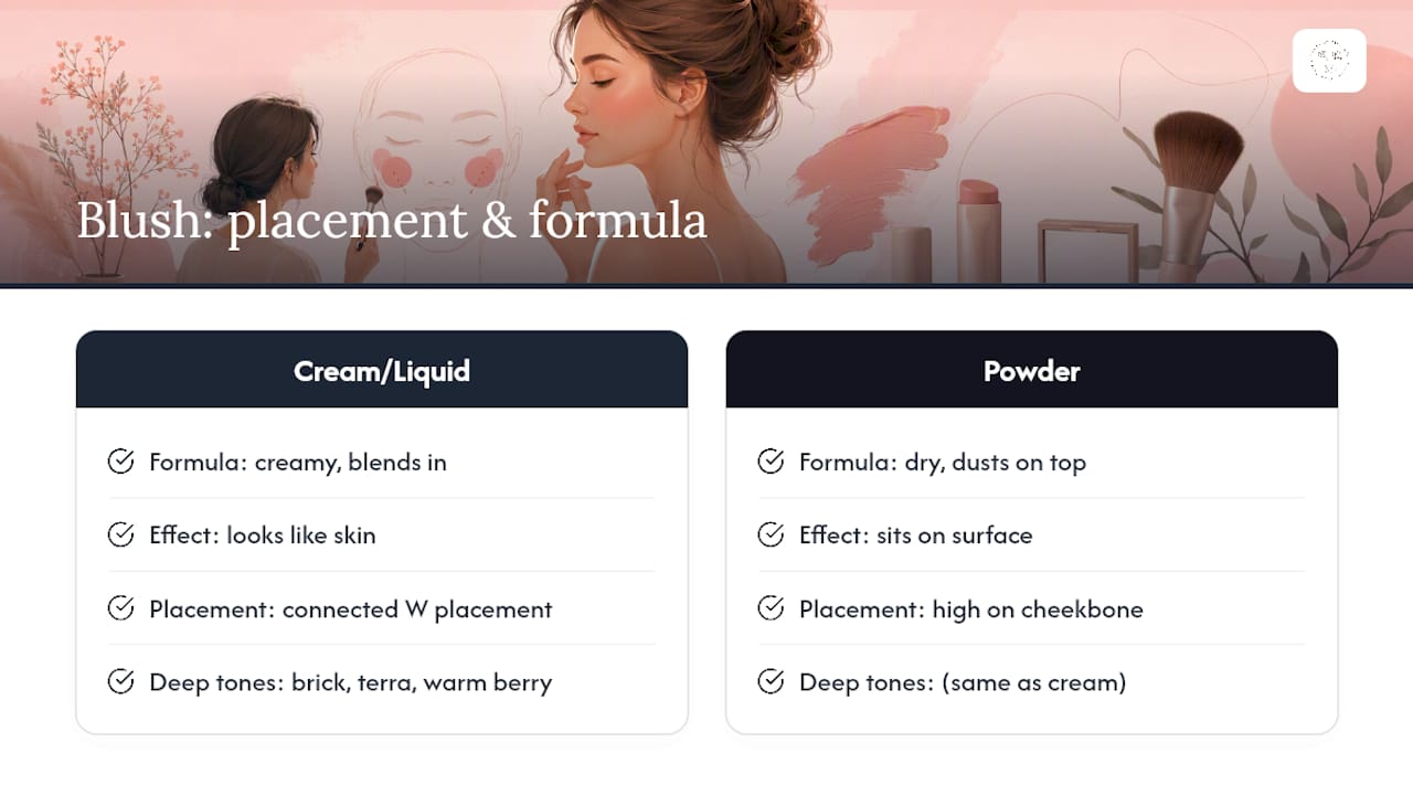 Diagram comparing cream and powder blush placement and effect